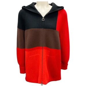 AKRIS RED / BROWN / BLACK HOODED COLORBLOCK FULL ZIP CASHMERE KNIT SWEATER